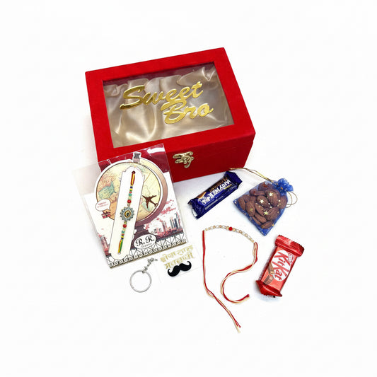 Sweet Bro Hamper Box - Includes Hamper box , Rakhi , Thread Rakhi , Chocolates , Nuts and Key Chain