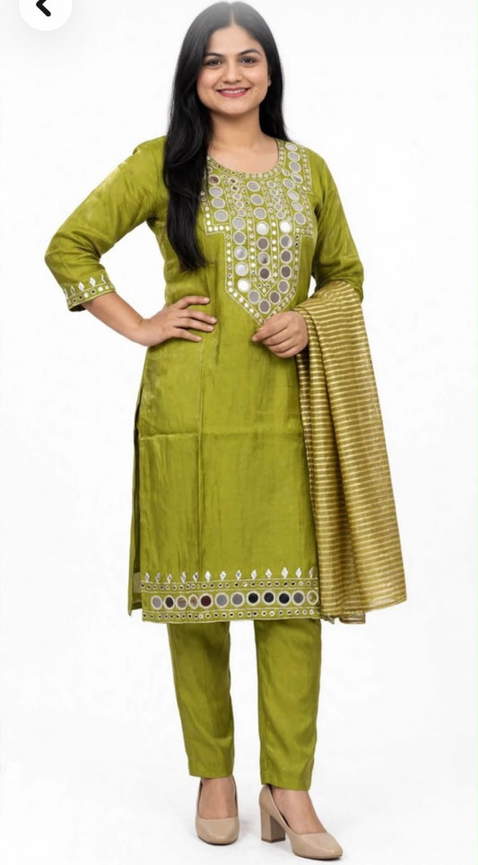 Indo western Mirror work party wear suit in glass silk fabric, Code: RE51