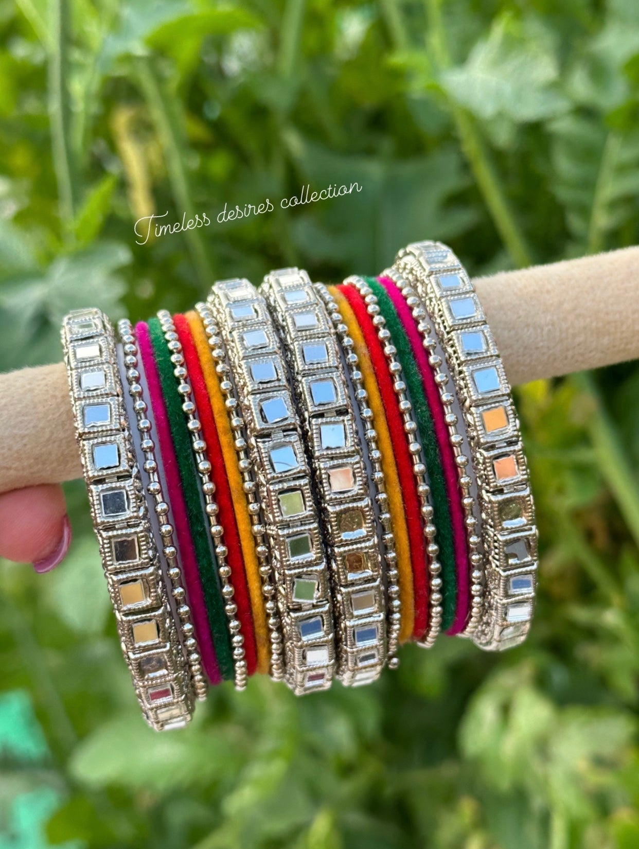 Multi mirror bangles set with silver kangan ( both hands )