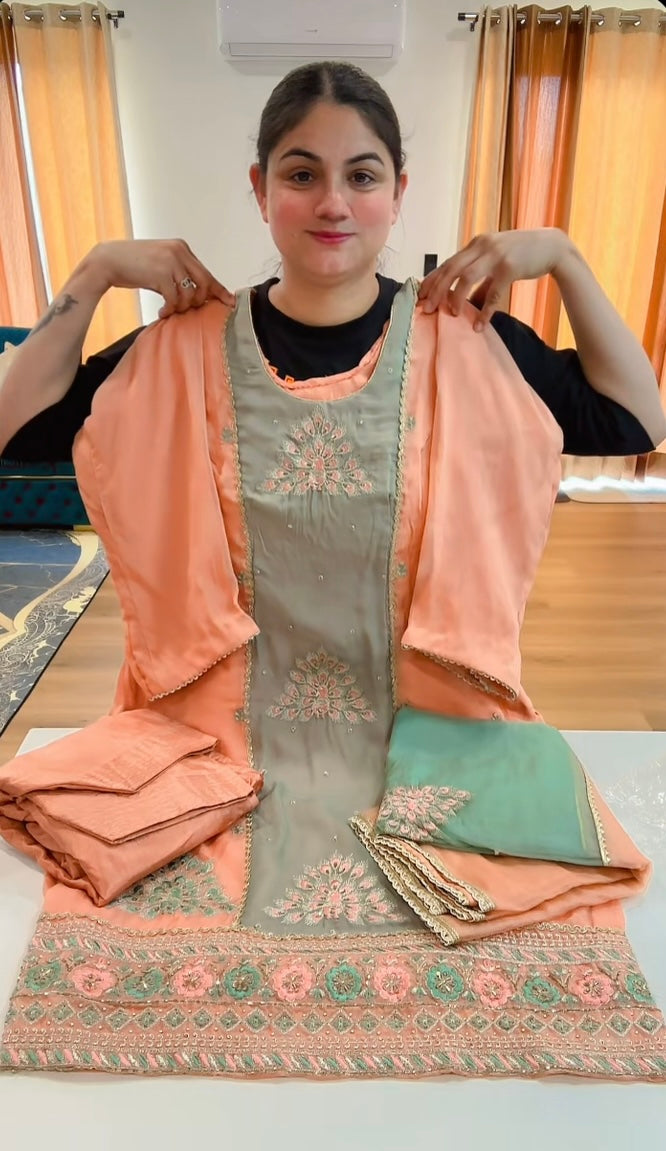 Partywear hand + tilla work suit (Colour: peach + dusty green), Code: 245