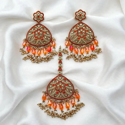 Orange colour earrings with tikka - J21