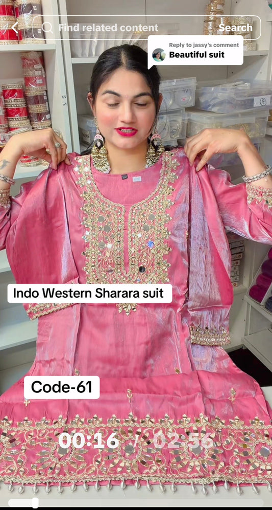 Party wear glass silk 3 pcs readymade suit - Code 61