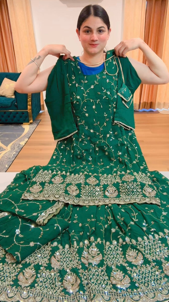 Partywear fully hand work sharara suit (Colour: bottle green), Code: 214 - To pre order this PC , Contact us on WhatsApp