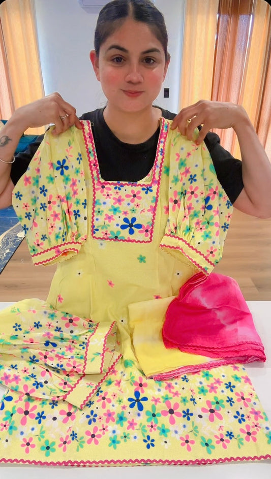 Cotton Printed Boutique Stitched Suit, Colour: Yellow, Code: 202