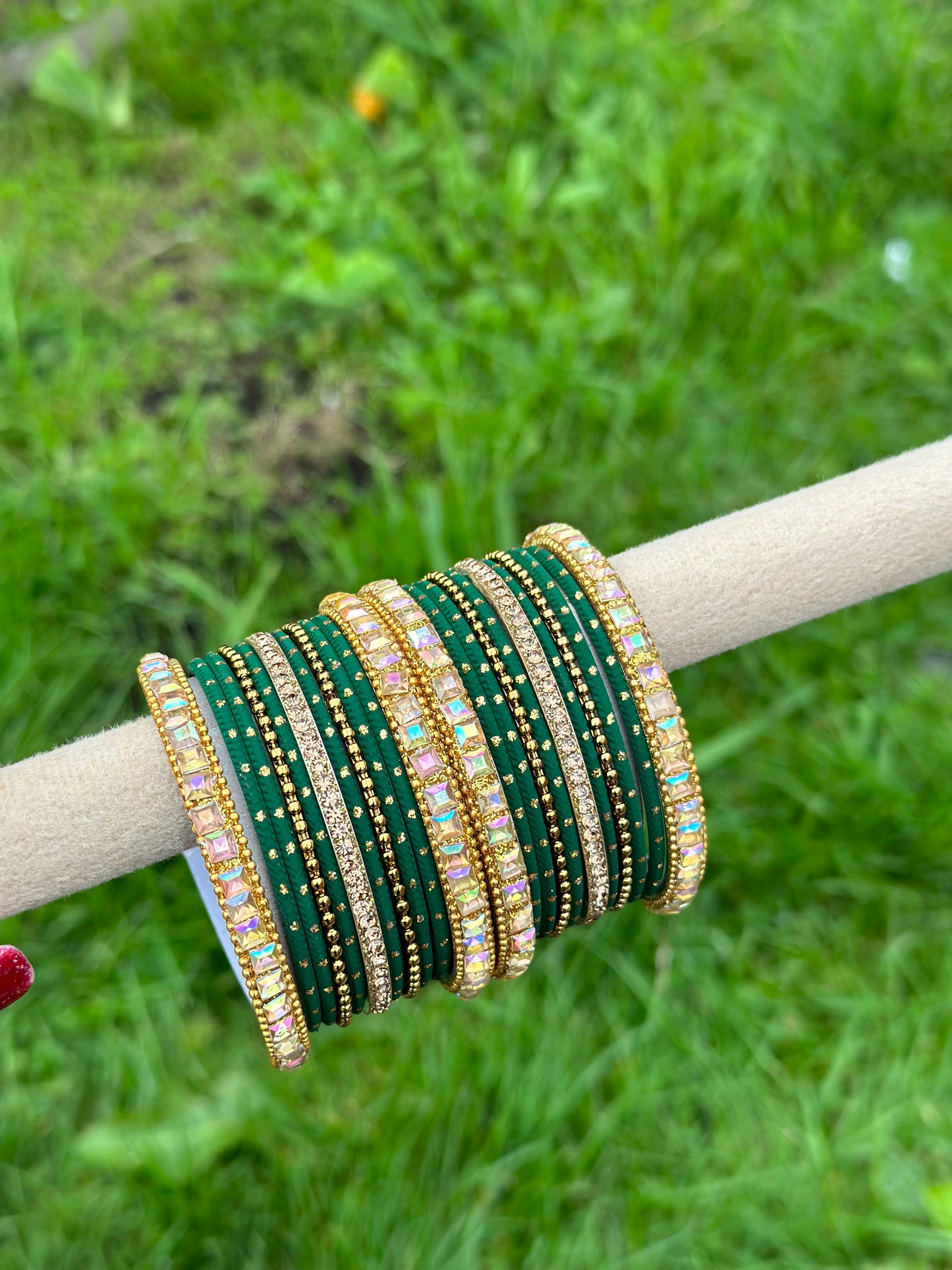 Green colour bangles with shiny golden kangan’s ( set of both hands )