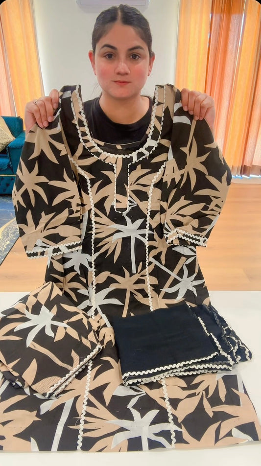Cotton Printed boutique stitched Suit, Colour: Black/Brown, Code: 195