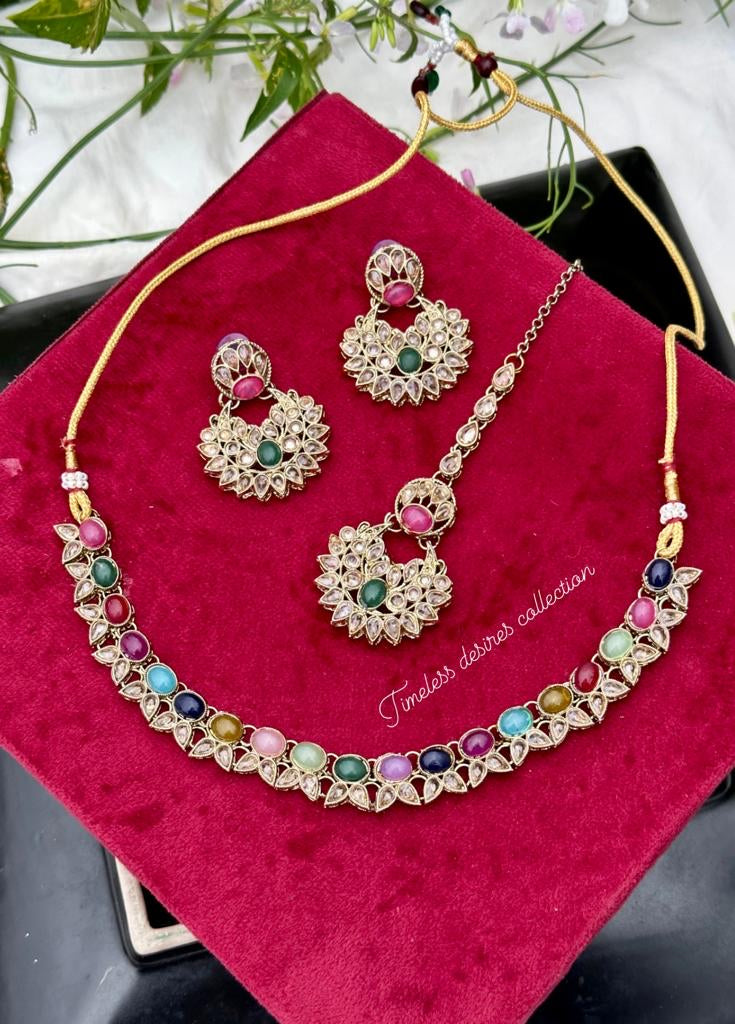 Multi coloured necklace set with earrings and tikka in Polki