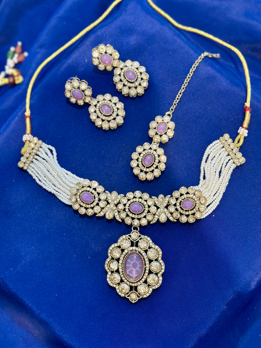 Stone Necklace set with earrings , Colour: Lavender , (Code: X22)