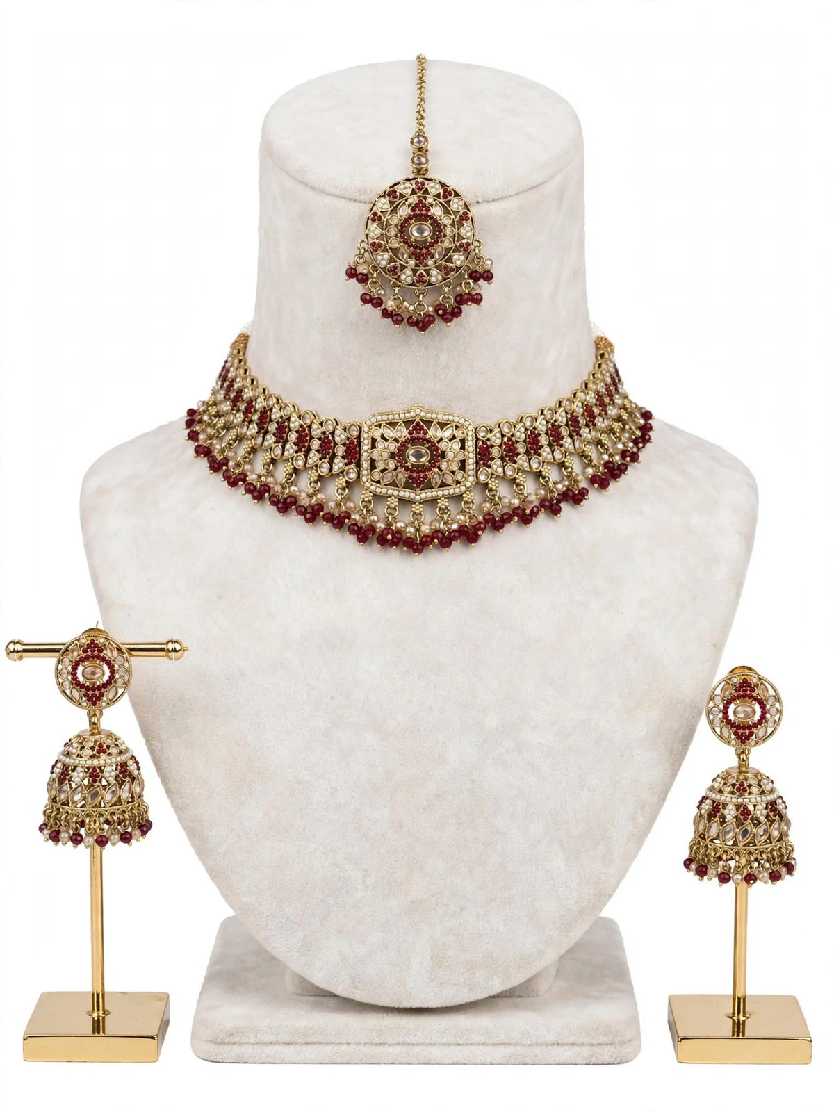 Necklace set with earrings and tikka in polki, Colour: Maroon, Code: 113