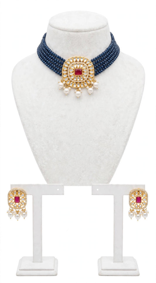 Blue necklace/choker set in Kundan-n35