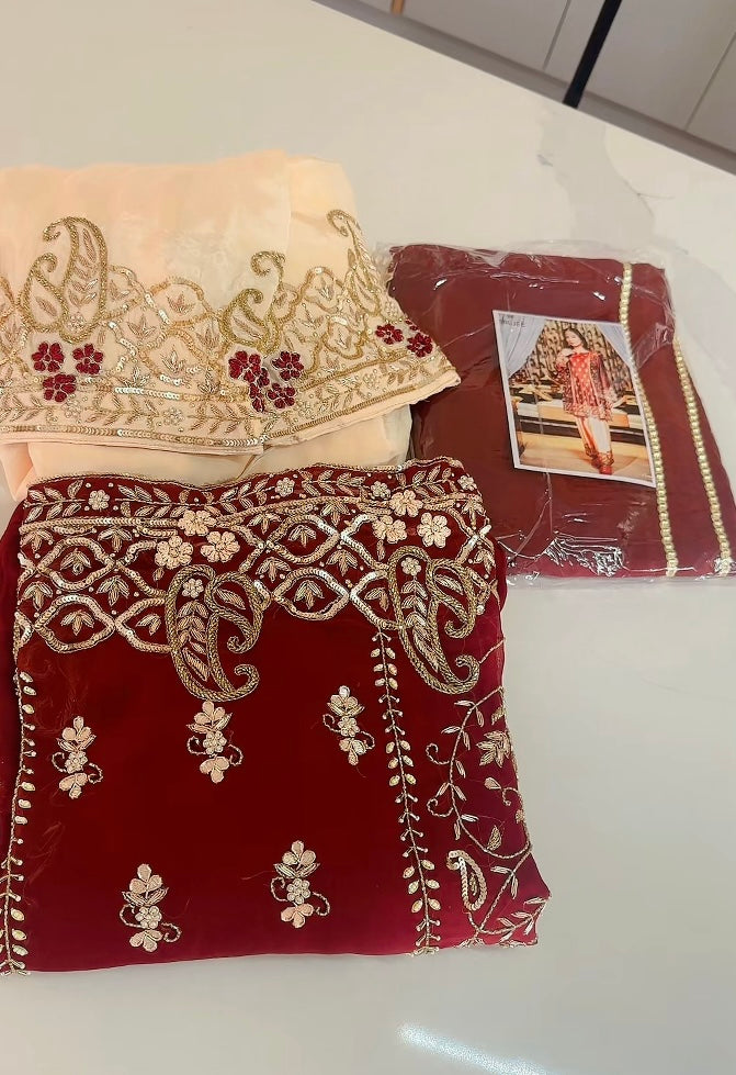 Taking pre orders (4 weeks timeframe ) Deep maroon party-wear suit, Code: 686