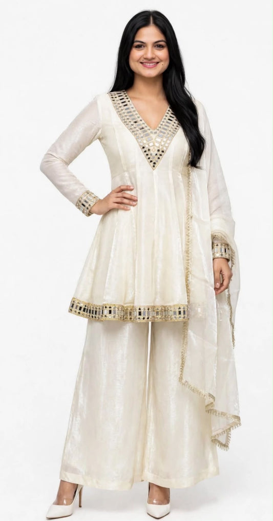 Indo Western style White Anarkali on Glass silk, Code:365