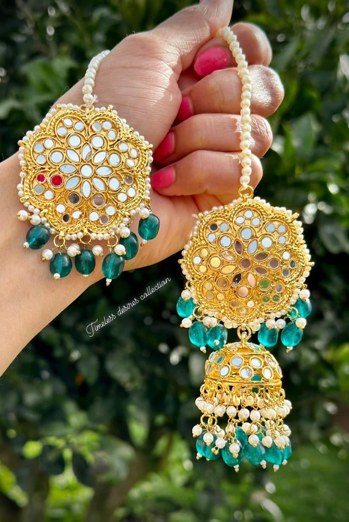Peacock colour Jhumka earrings and tikka set in mirror