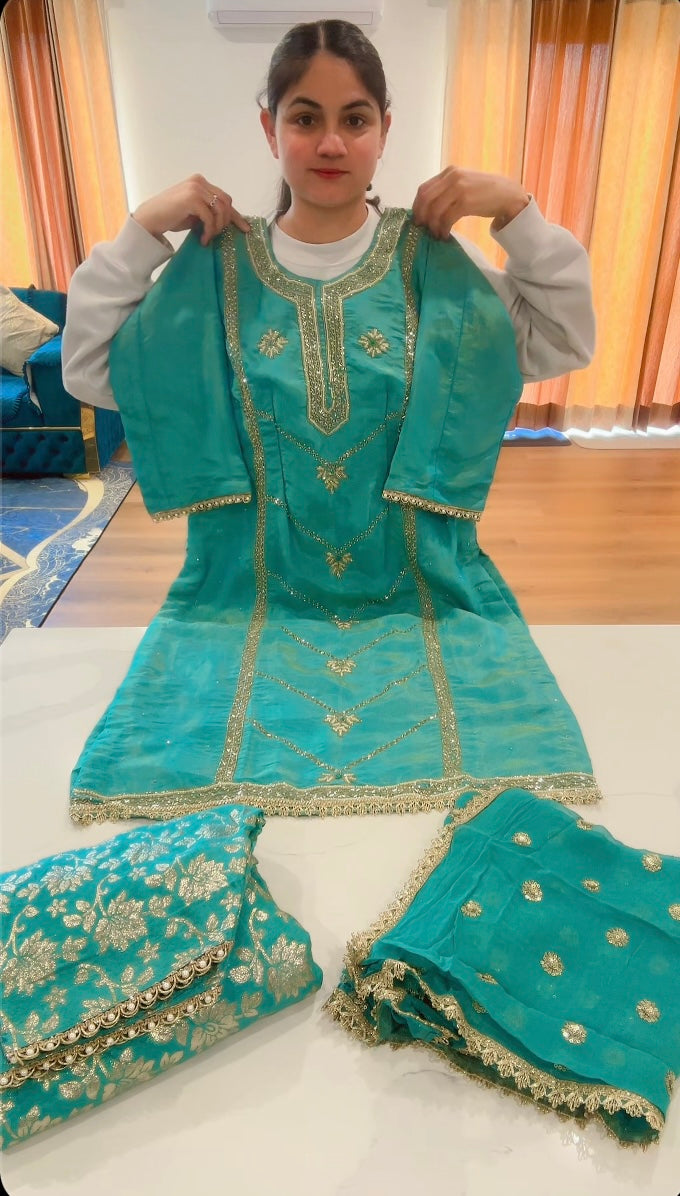 Taking preorders only, 4 weeks timeframe. Sky blue salwar suit on shimmer silk with Banarsi- (Code : 665)