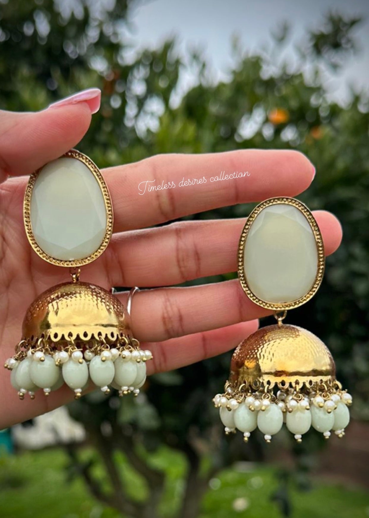 Mint or creamy green Jhumka earrings in Matt copper base