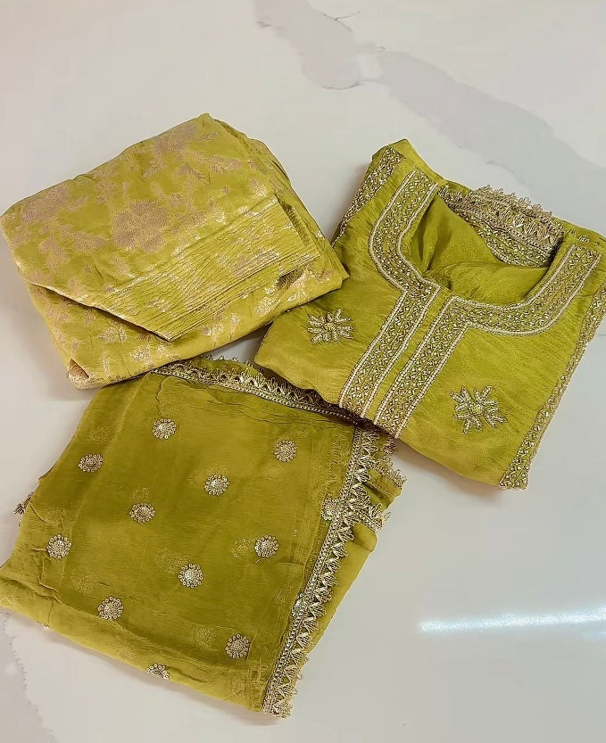 Mehndi colour salwar suit on shimmer silk with Banarsi- ( Code: 667 )