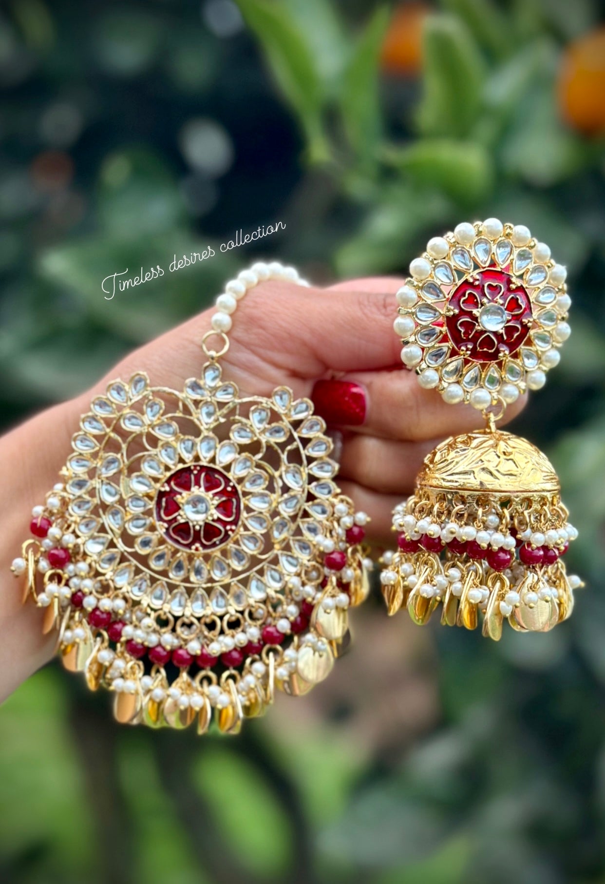 Maroon colour jhumka earrings and tikka set with pipal Patti in traditional jewellery ( Nimrat style 👌)