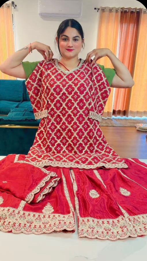 Party wear Sharara / Lahenga type suit on chinon ( Colour - Maroon ) Code: RS104