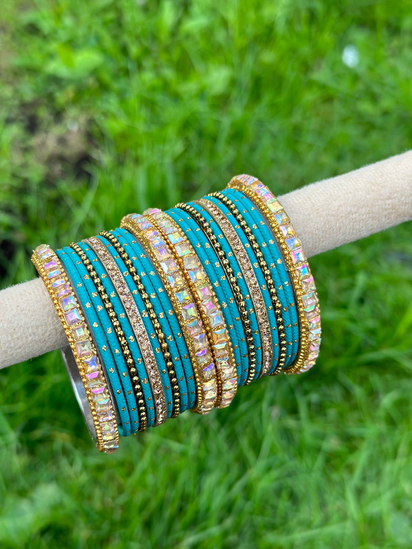 Sky Blue colour bangles with shiny golden kangan’s ( set of both hands )
