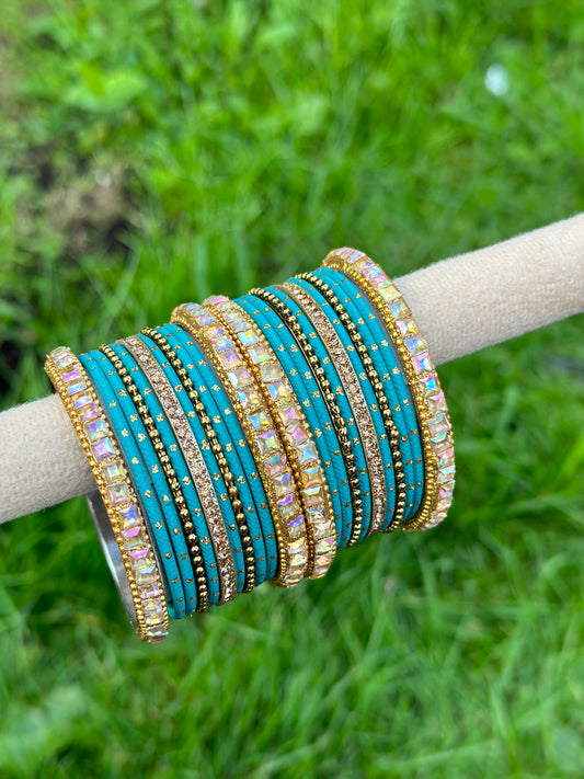 Sky Blue colour bangles with shiny golden kangan’s ( set of both hands )