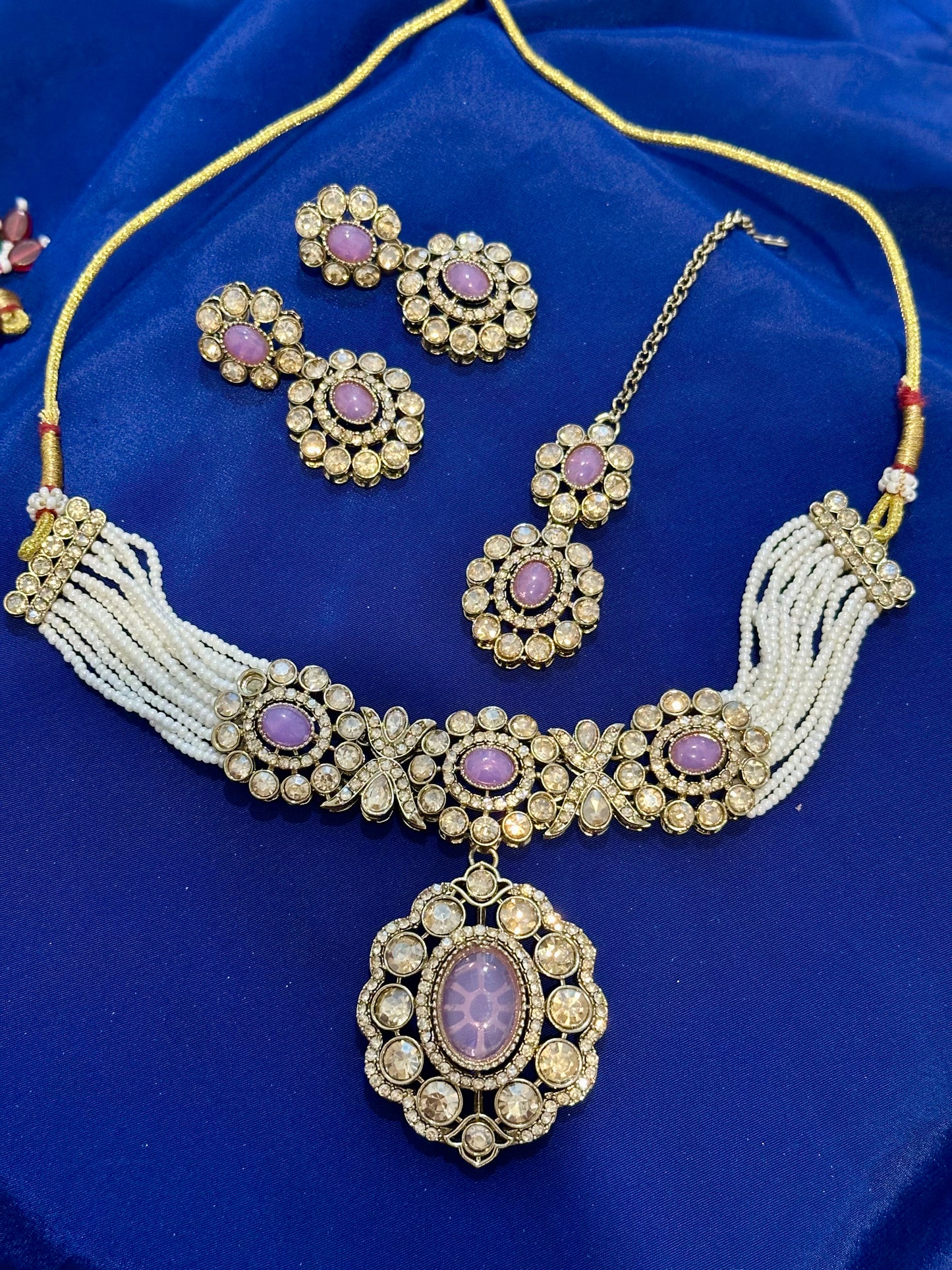 Stone Necklace set with earrings , Colour: Lavender , (Code: X22)