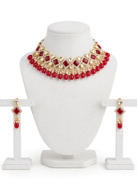 Red Choker / necklace set in Monalisa with Kundan-N21