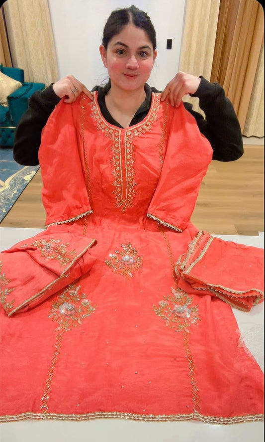Handwork salwar suit - Colour : Carrot pink  ( Code: 631 )