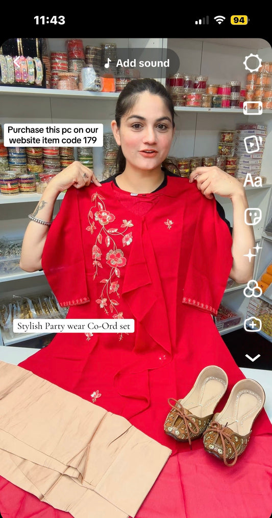 Item Code 179 - Maroon + skin ( Stylish party wear co-ord set )