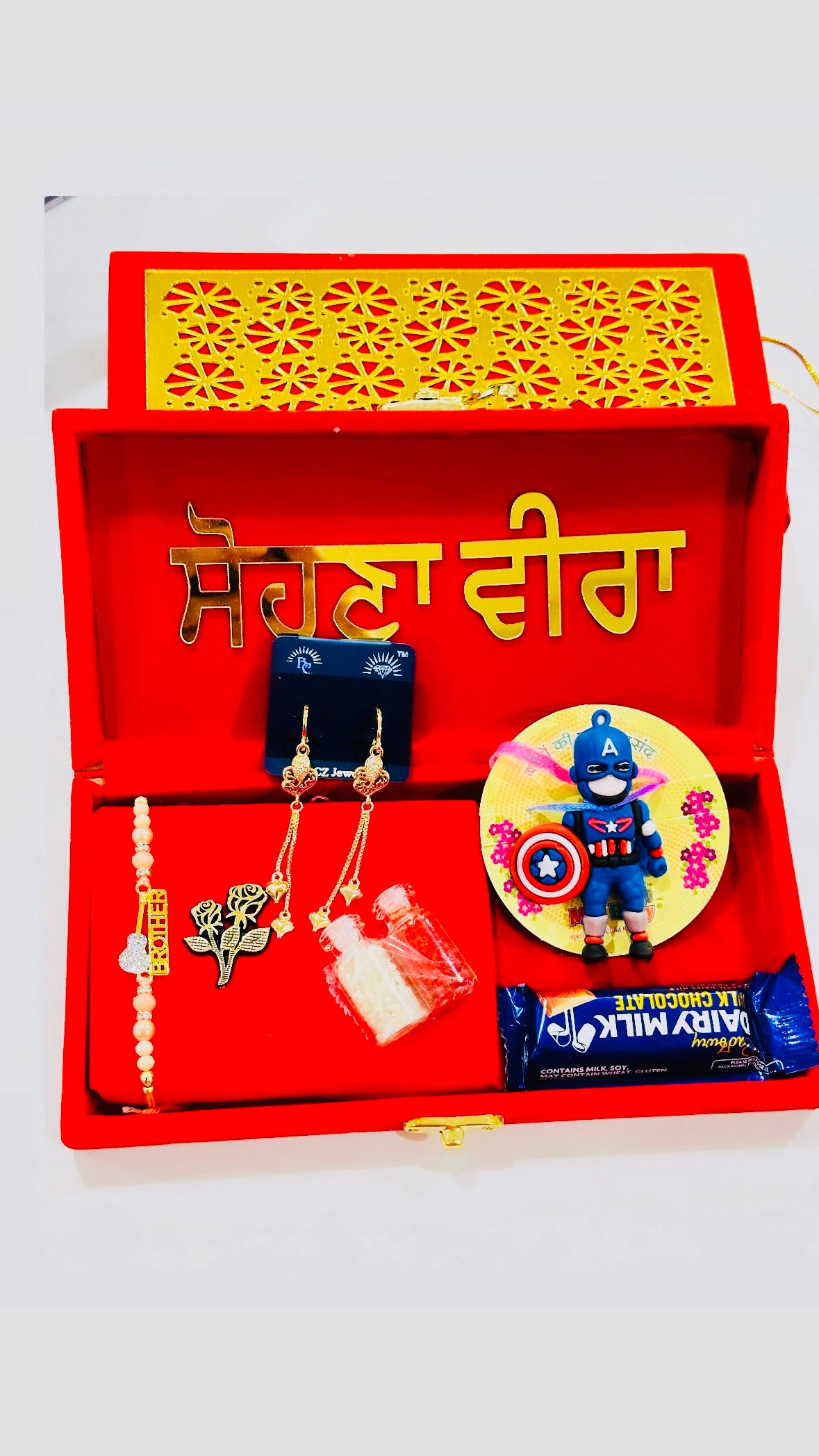 Family Rakhi/Rakhdi Hamper Box ( All in one - Veera Rakhi , Bhabi Earrings, kids rakhi , chocolate ) - Assorted Designs Accesories