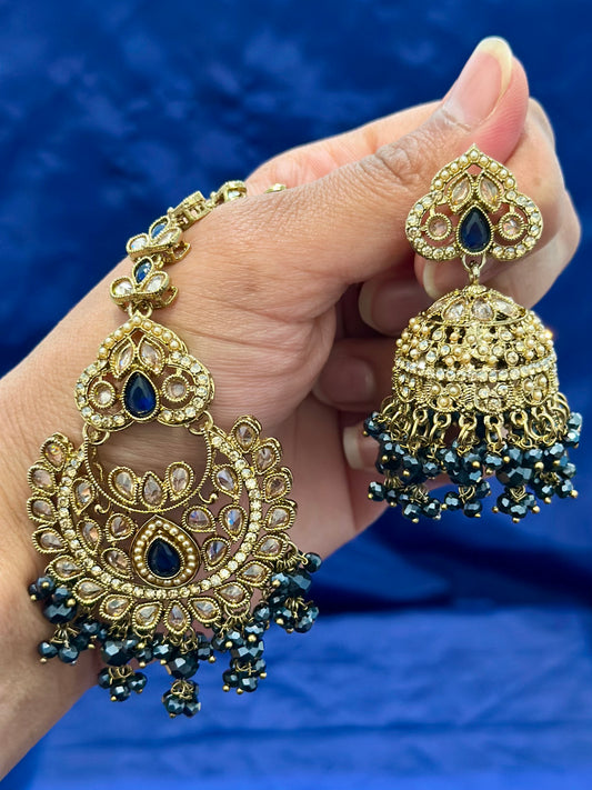 Earrings with tikka in polki, Colour: Blue, Code: 088