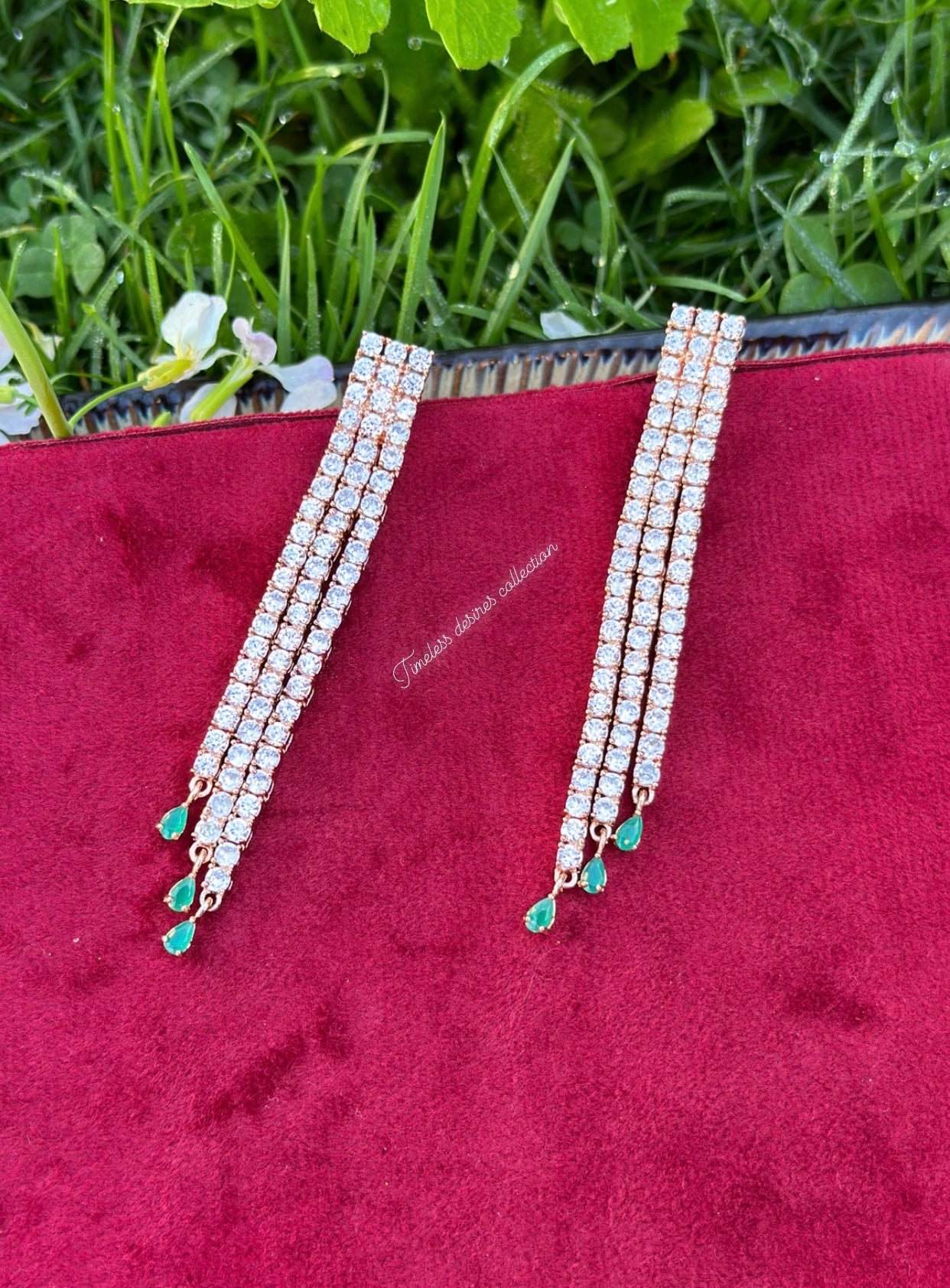 Green with rose golden  American diamond earrings