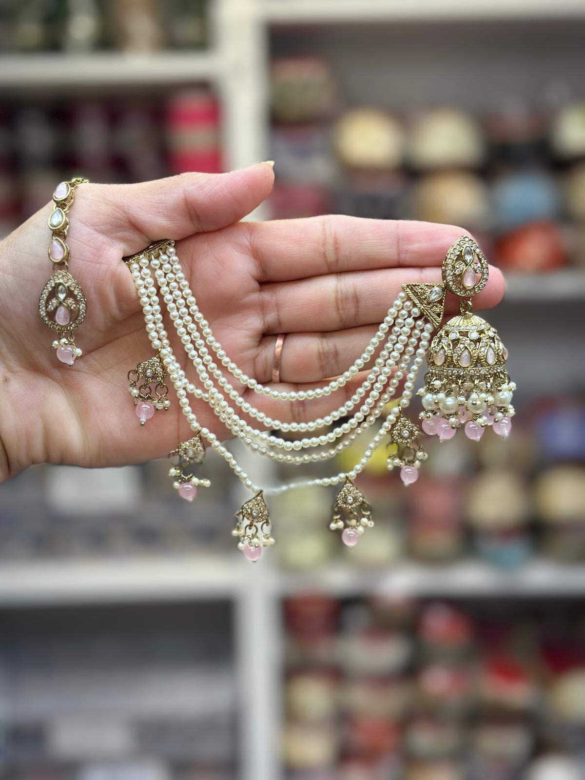 Bahubali Earrings with tikka in Kundan, Colour: Baby pink, (Code:099)