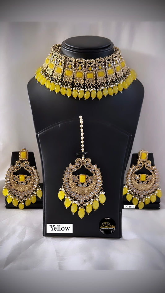 Yellow Choker / Necklace set in Reverse AD