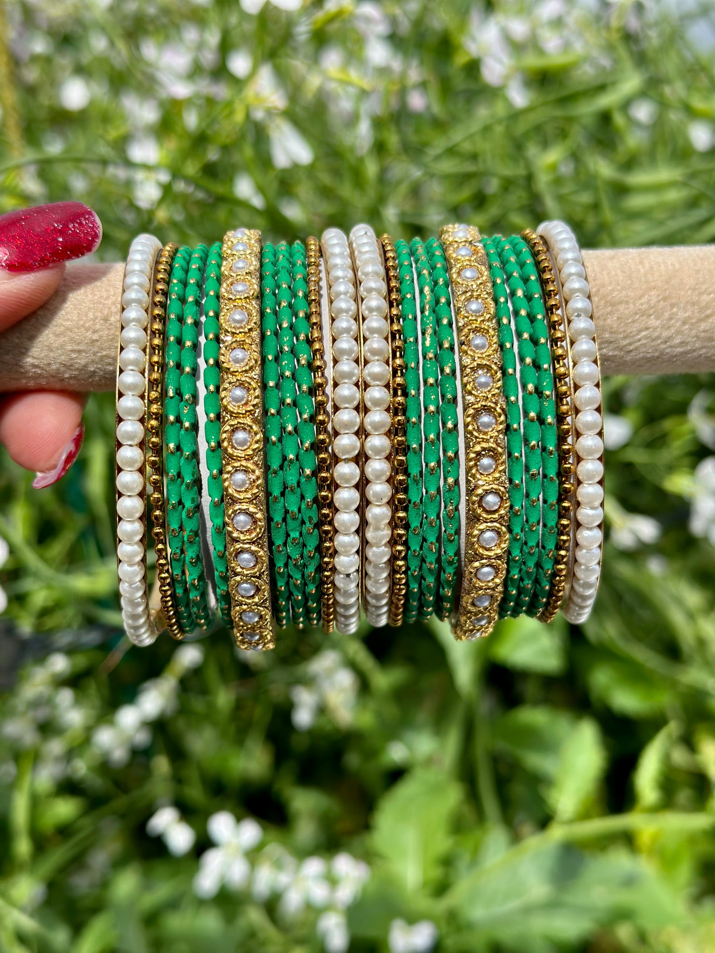 Green Pearl loaded bangles set ( both hands )