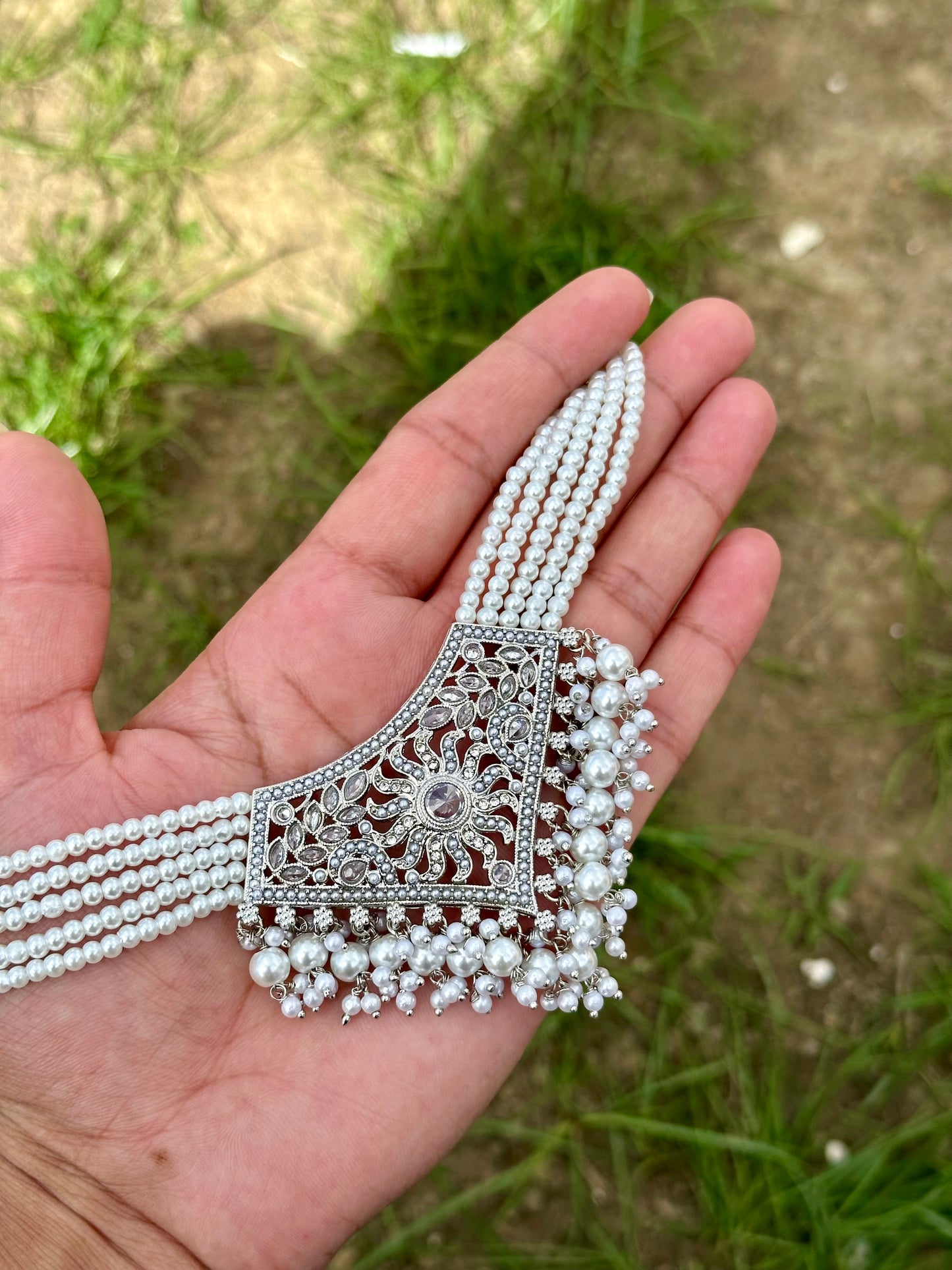 Silver necklace set with earrings and tikka- J26