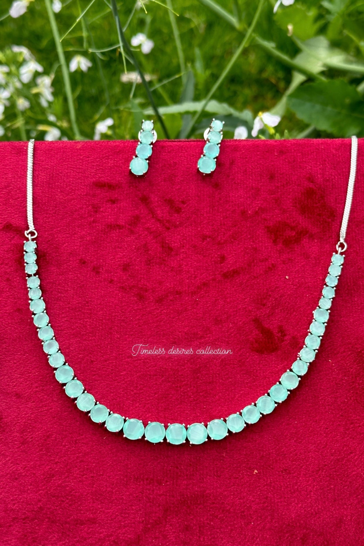 Mint green colour American diamond necklace set in silver