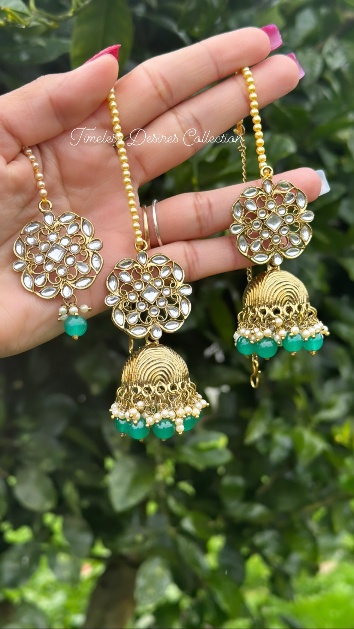 Green Jhumka earrings and tikka set with Sharara in kundan