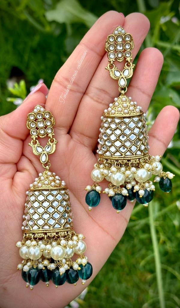 Peacock colour long pearl loaded Jhumka earrings in Kundan