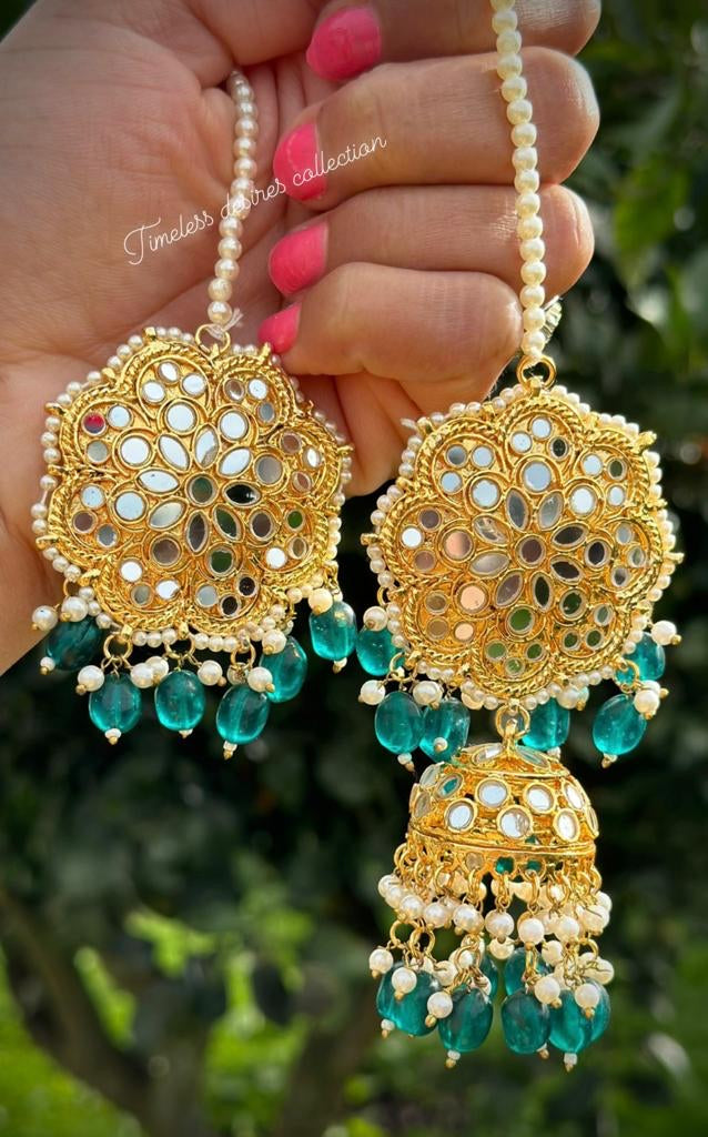 Peacock colour Jhumka earrings and tikka set in mirror