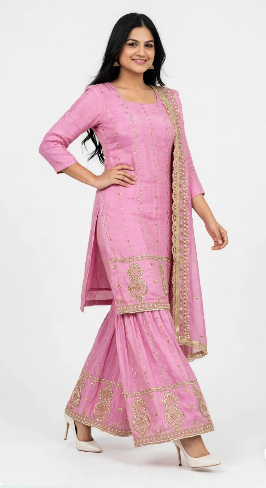 Boutique designer Heavy party wear Handwork Sharara / Lehnga suit in shimmer silk with heavy handwork duppta - Colour : Light Pink  ( Code : 375 )