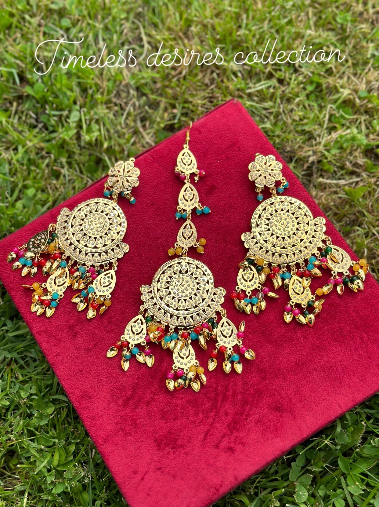 Golden multi colour earrings with tikka