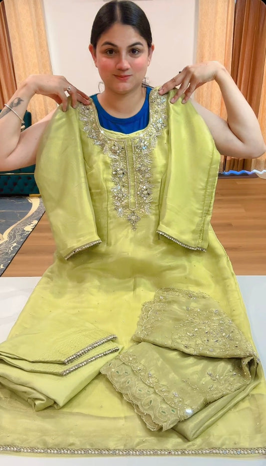 Partywear hand work suit (Colour: pear green), Code: 207