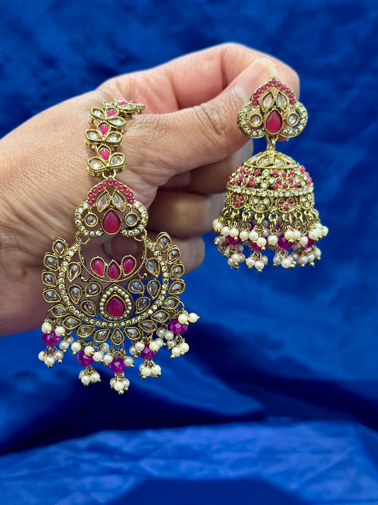 Earrings with tikka in polki, Colour: Pink, Code: 093