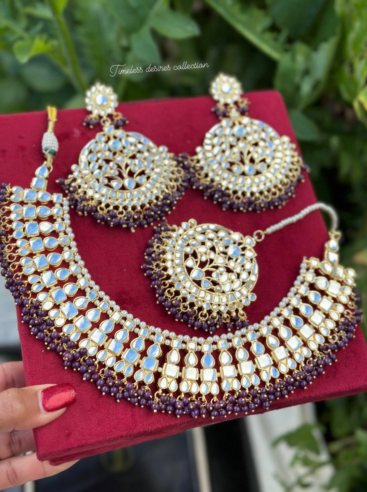 Purple Necklace / choker set in Kundan with oversized earrings and tikka ( high quality )