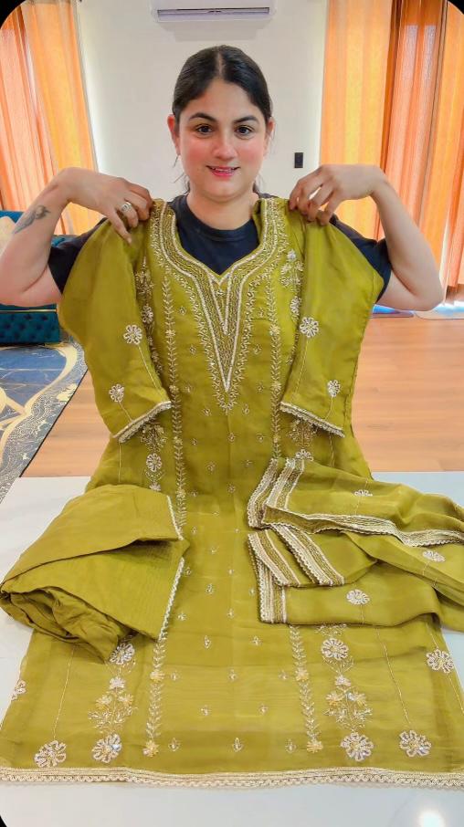 Handwork Party wear suit - ( Colour: Mehndi green ) Code - 940