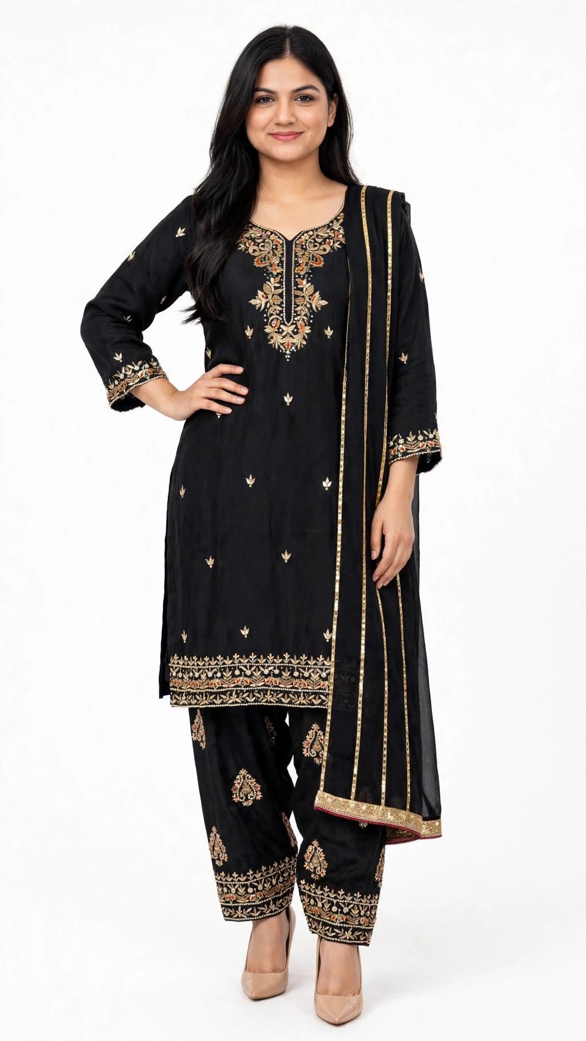 Black Handwork suit on pure Twill Organza silk with handwork crape salwar paired up with soft Pure Duppata  - Code 068