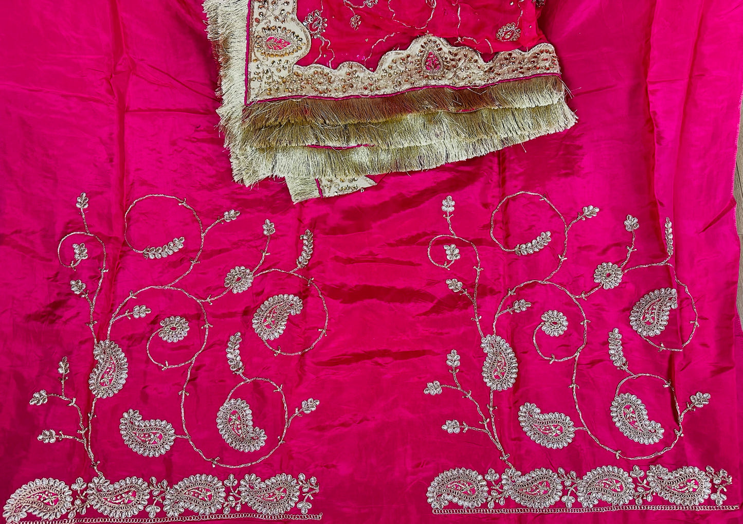 Heavy Punjabi suit - shirt : silk , bottom - silk , Duppata chiffon - colour : Rani pink