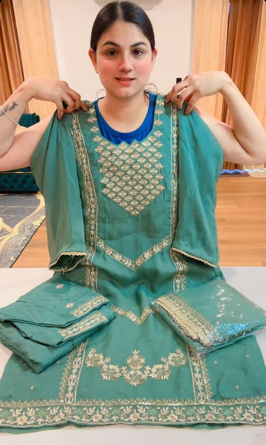 Partywear hand + tilla work suit (Colour: pastel aqua green), Code: 211