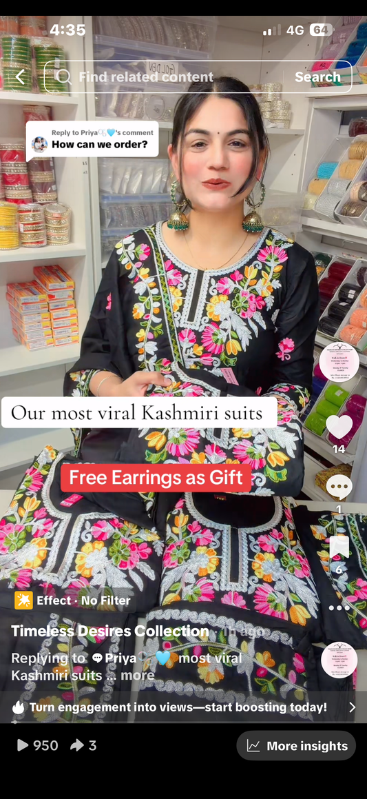 Taking pre order now ( 2-3 weeks timeframe ) - black Kashmiri suit with free earrings