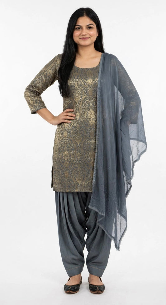 Grey Salwar suit in Kheen Khab/Brocade - Code 261